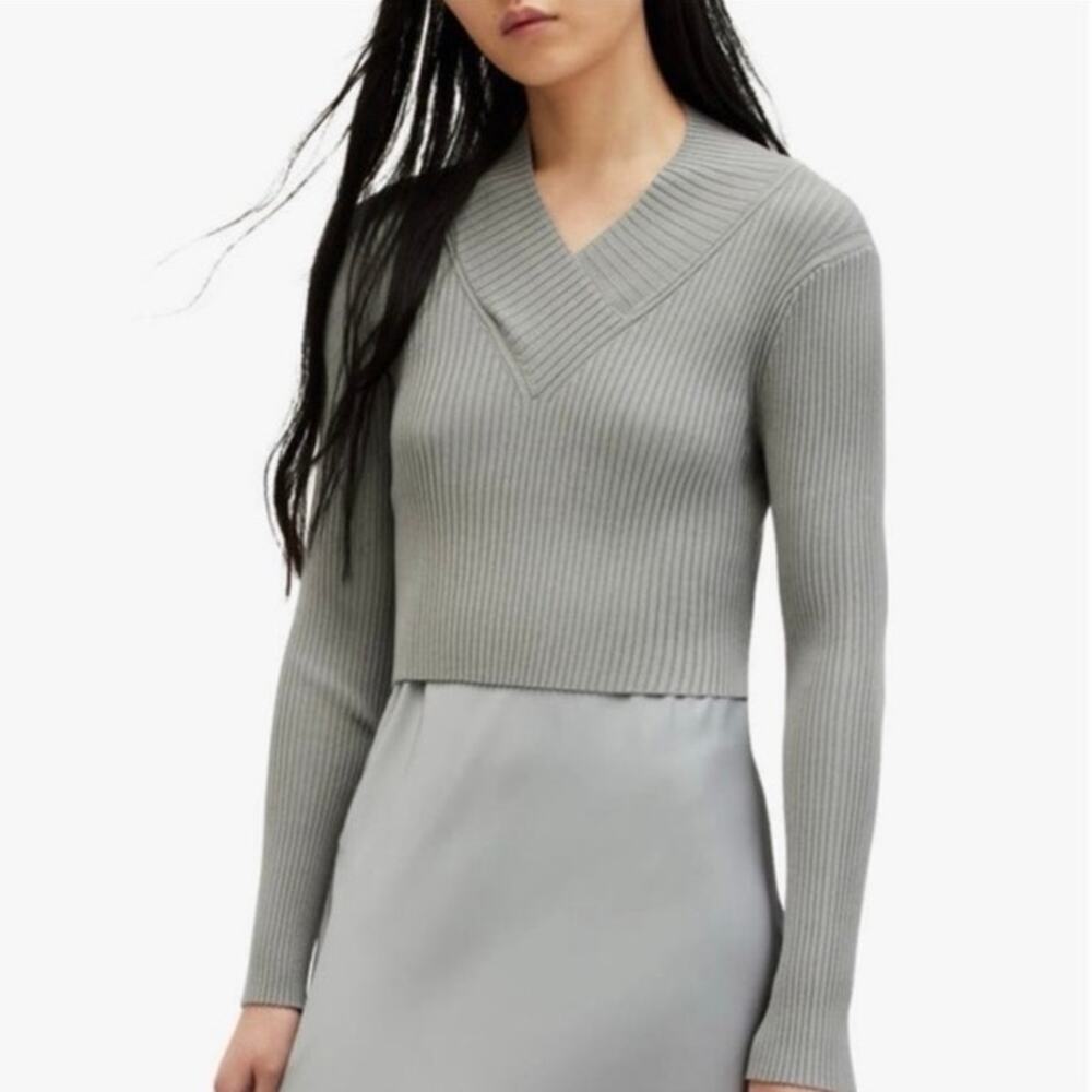 AllSaints Hanna 2-In Gray Ribbed Cropped V-Neck Sweater Top Women’s Size Small